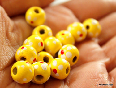20 x Yellow Wood Beads with Handpainted Flowers 10mmx9mm